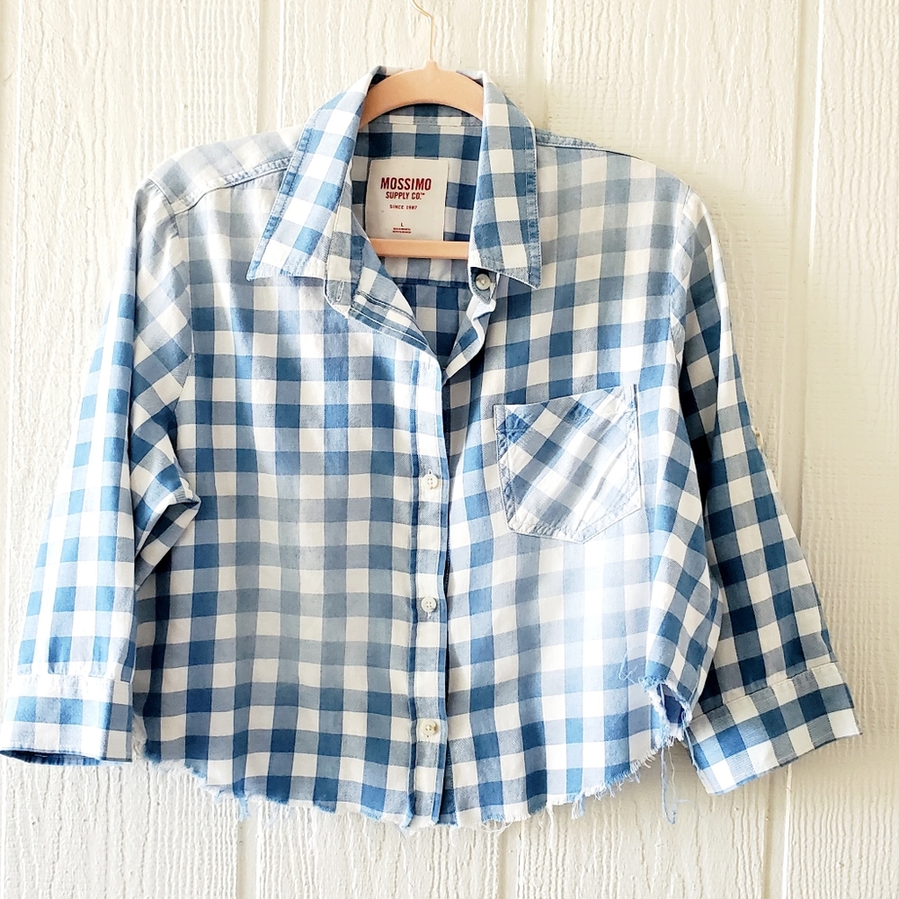 Upcycled Mossimo Cropped Check Plaid Gingham Button Down Blue Large